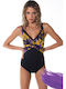 One Piece Swimsuit with Light Padding Floral Purple Flame