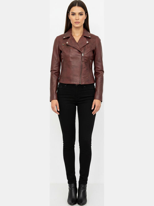 Leather Women's Jacket for Winter Redish Brown