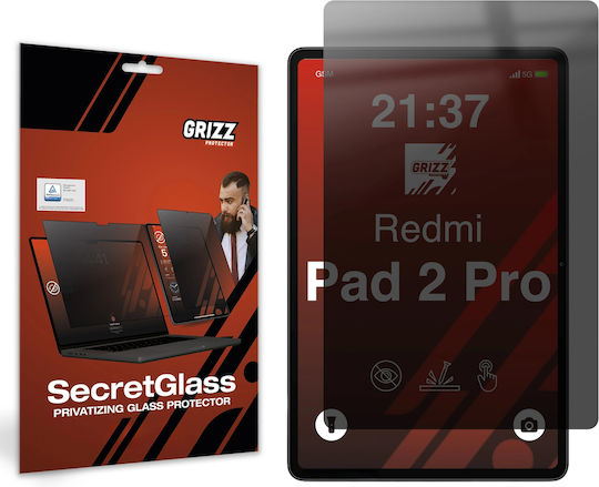 Grizzglass Secretglass Privacy Tempered Glass Screen Protector Compatible Xiaomi Redmi Pad 2 Pro Black