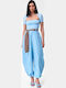 Damen Stoffhose mit Gummiband in Balloon Bein Stil Hellblau