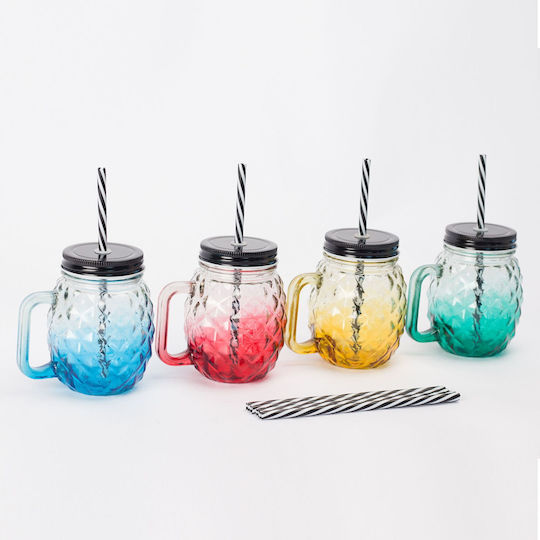 Relaxdays Set of Glasses Made of Glass with Straw 500ml 4 Pieces