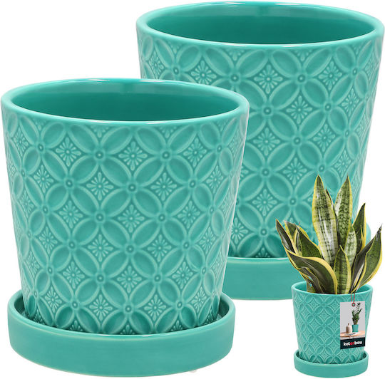 Kotarbau Σετ 2 Γλάστρες Πήλινες Turquoise με Πιάτο