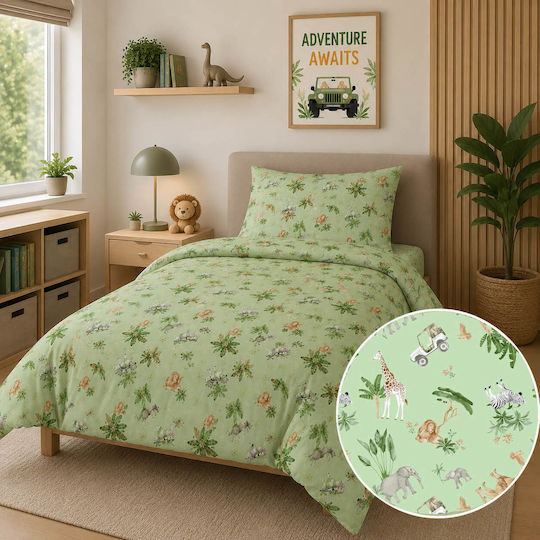 Astron Italy Kinderbettlaken Set Mit Gummizug Forest+Safari Grüne 175x260cm