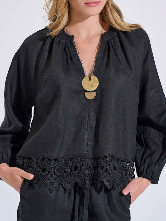 Women's Summer Linen Blouse with 3/4 Sleeve and V-Neck Black