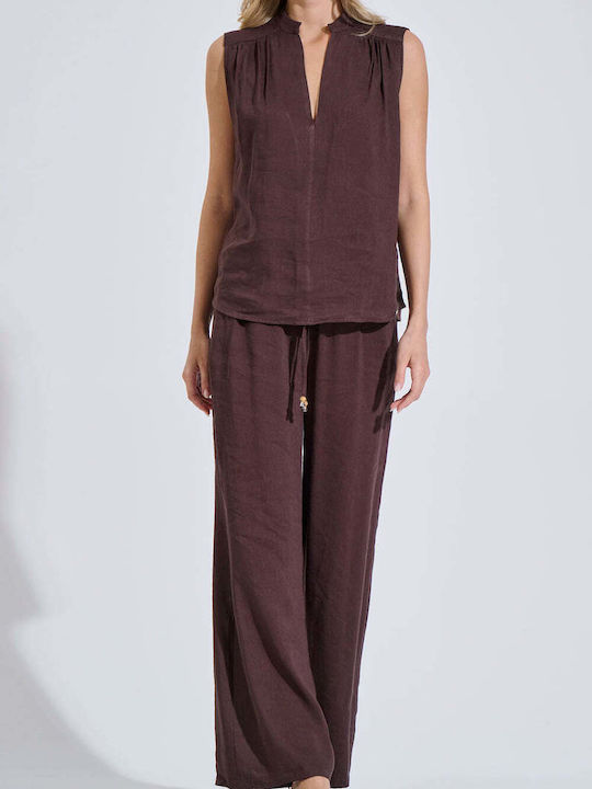Women's High Waist Pantaloons with Rubber Band in Relaxed Fit Brown