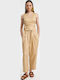 Women's Leather Trousers with Rubber Band in Tapered Leg Beige
