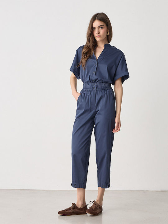 Women's High Rise Fabric Trousers with Rubber Band in Carrot Fit Blue
