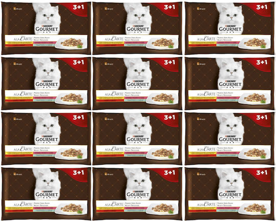 Gourmet Nasses Katzenfutter mit Huhn, Rindfleisch, Forelle, Fisch, Fleisch, Gemüse und Spinat 48x85g