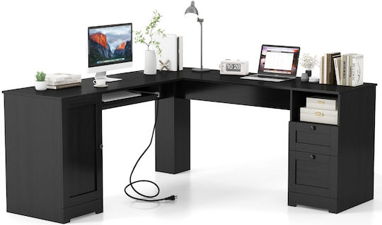 Γωνιακό Γραφείο Ξύλινο Μαύρο με USB θύρες 168x168x76εκ.