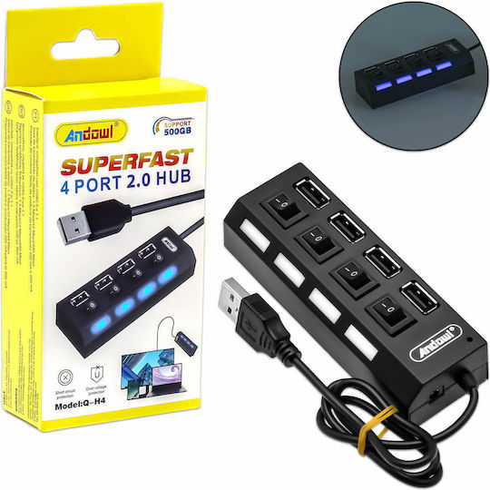 Andowl Хъб 4 Порта USB 2.0 със Свързване USB-A Син