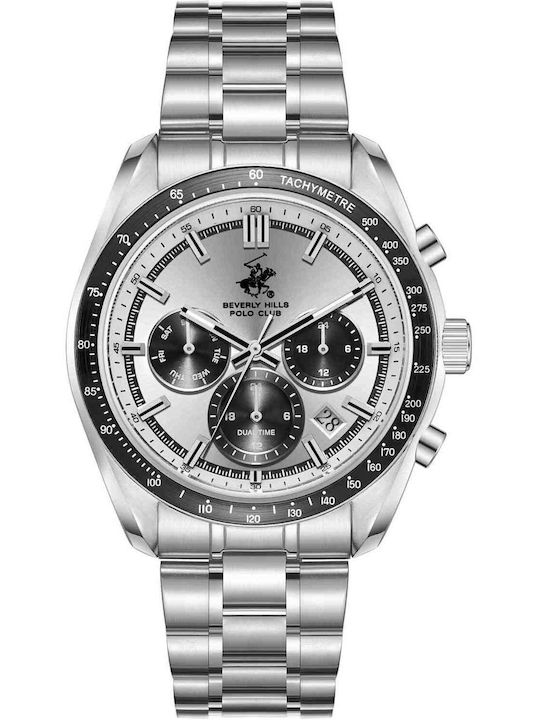 Beverly Hills Polo Club Dual Time Men's Battery Watch with Silver Metal Bracelet
