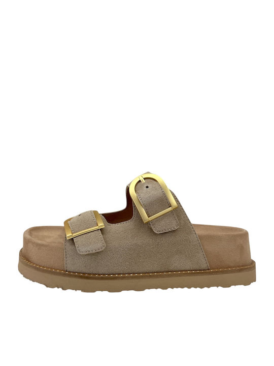 Δερμάτινα Γυναικεία Σανδάλια Flatforms Μπεζ
