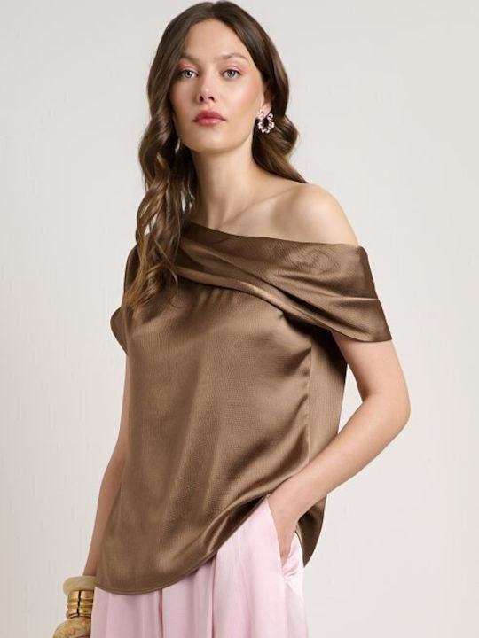 Desiree Bluza Damă Satin Drapată Cu Un Umăr Maro