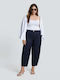 Women's Fabric Trousers with Rubber Band in Loose Fit Blue