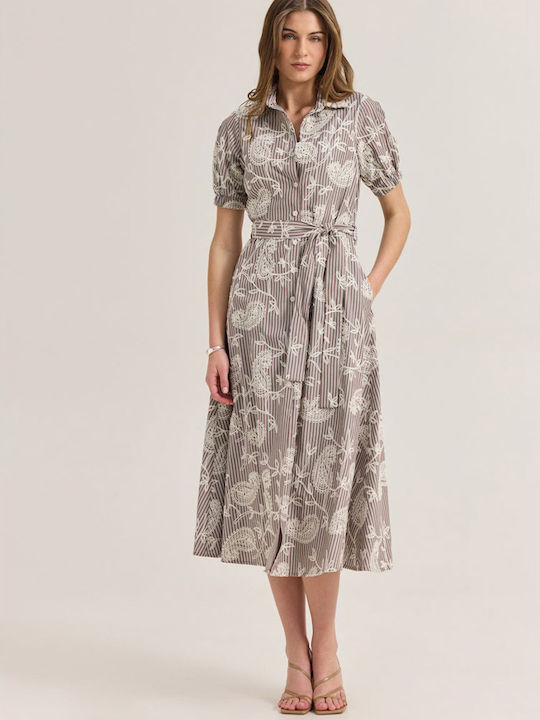 Summer Midi Shirt Dress Short Sleeve Brown
