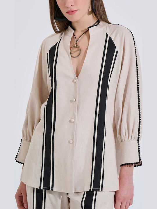 Long Sleeve Women's Linen Shirt Beige Striped 10-280582-0