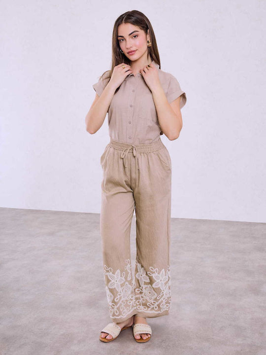 Celestino Women's Pantaloons Embroidery at the Hem Loose Fit Light Brown