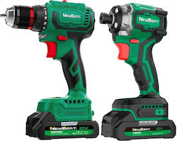 NewBeat Battery Tool Set Drill Driver & Impact Screwdriver Brushless 21V with 2 Batteries 2Ah