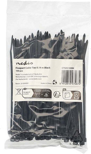 Nedis Δεματικά Καλωδίων Πλαστικά x140mm σε Μαύρο χρώμα (100τμχ) (CTS05100BK)