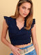 Women's Cotton Crop Top with Lace Blue
