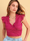 Women's Cotton Crop Top with Lace Pink 9923561-Fuchsia