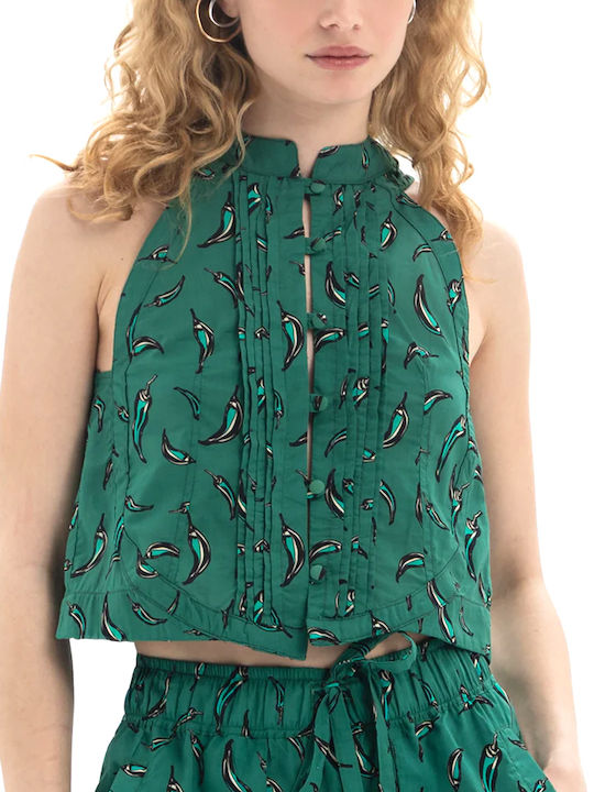 Women's Crop Cotton Sleeveless Top Black-Green