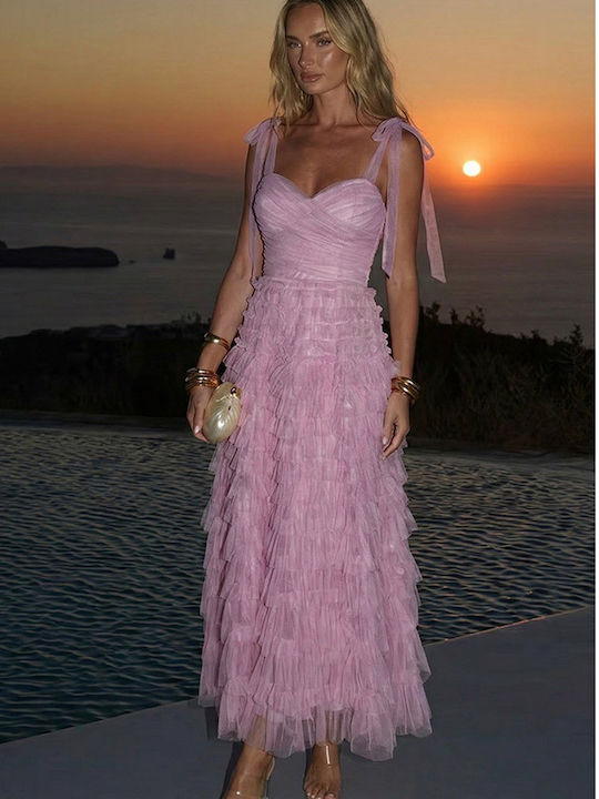 Summer Maxi Dress for Wedding Christening Satin with Tulle Pink