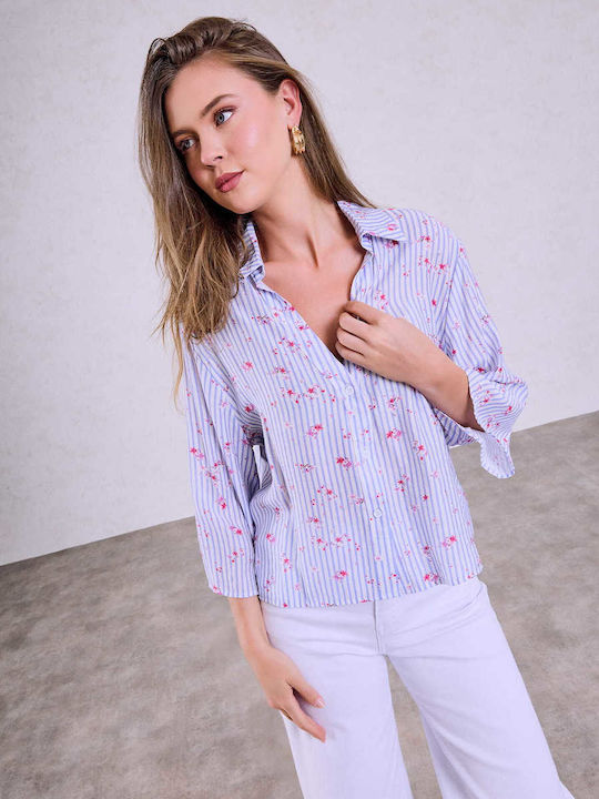 Celestino Damenhemden Gestreift Blumen Loose Fit Hellblau