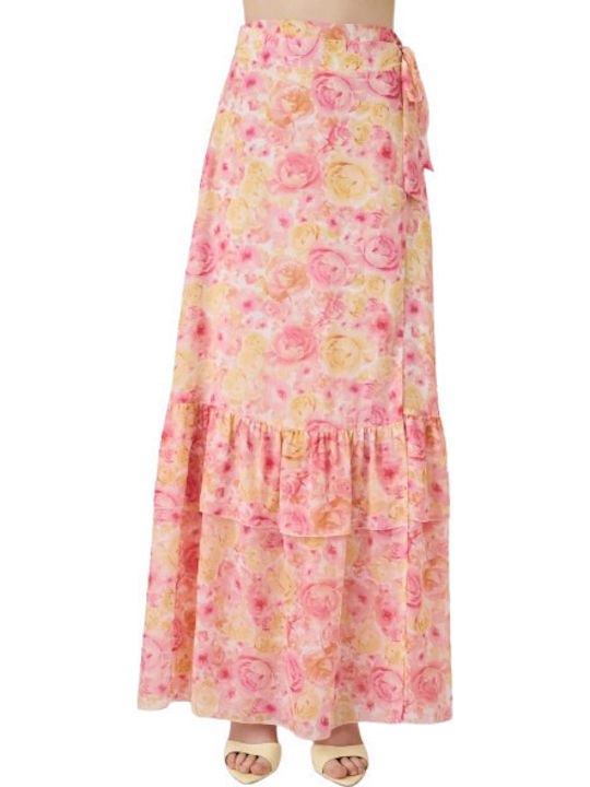 Σατέν Maxi Φούστα Φάκελος Floral Ροζ