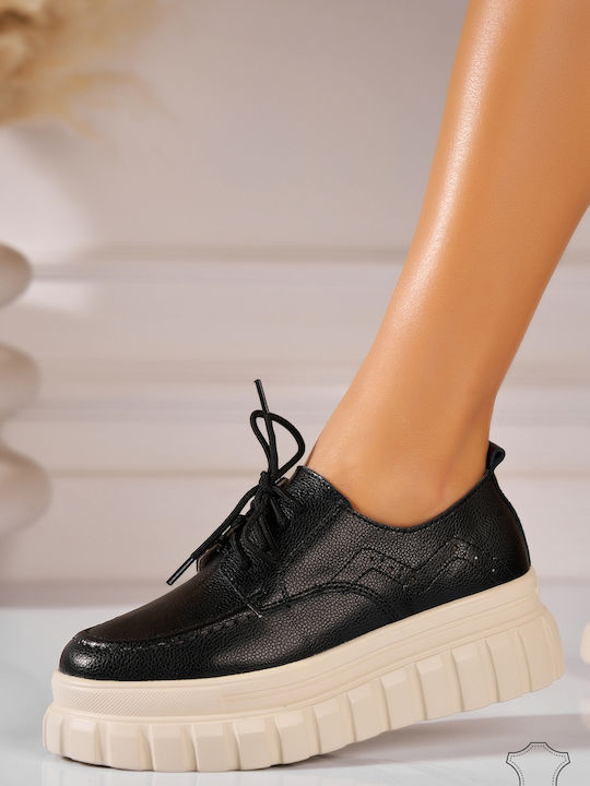 Δερμάτινα Γυναικεία Oxfords σε Μαύρο Χρώμα