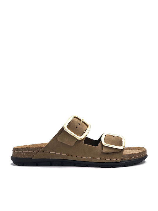 Leather Women's Flat Sandals Khaki