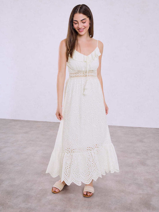 Celestino Damenkleid Mit Stickerei Durchbrochen Spaghetti-Träger Beige Offener Rücken