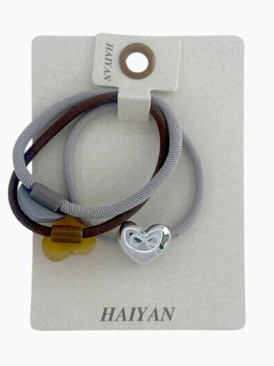 Haiyan Hearts Σετ Λαστιχάκια Μαλλιών Χάντρες Καρδιές 3τεμ Ασημί-γκρι-κίτρινο