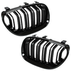 Bmw 5 E60 E61 03-10 Grille Between Headlights Kidneys Left + Right Set Black Glossy Double Bar Curved Slats Bmw 5 E60 E61 03-10 Grille Between Headlights Kidneys Left + Right Set Black Glossy Double Bar Curved Slats
