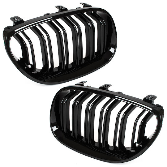 BMW 5 E60 E61 03-10 Kühlergrill Zwischen Scheinwerfern Nieren Links + Rechts Set Schwarz Glänzend Doppelstange Gebogene Lamellen Auto Dekorative Masken