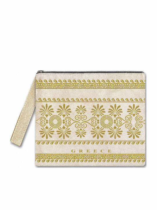 Neseser Textil Auriu cu Simboluri Meandru Bej 23x15cm