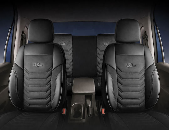 Universal Car Seat Covers Set Panda Florida Fabric Eco Leather Front Rear Black Grey
