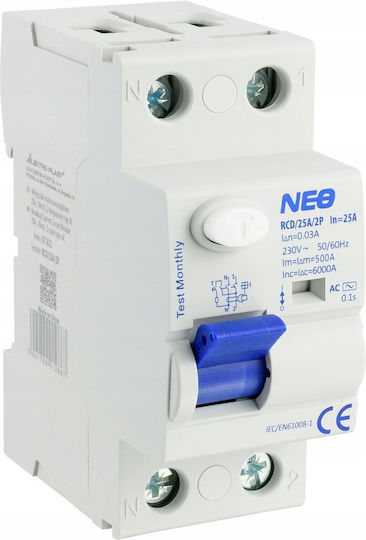 Автоматичен Прекъсвач За Изтичане На Земя Neo 25A 30mA 2-Полюсен Вид AC RCD 25A 2P