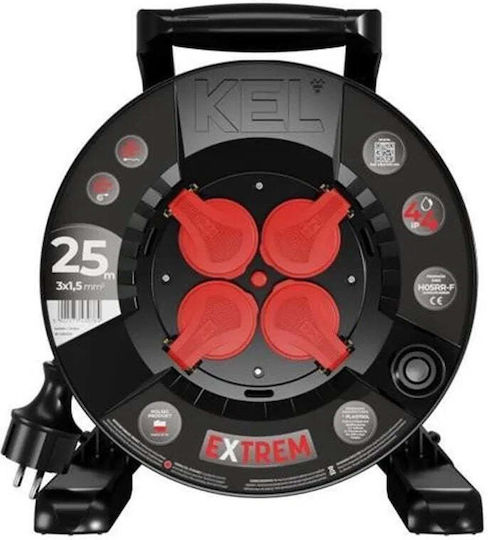 Extreme Line Reel Extension Cord 4 Sockets Switch Ip44 16a H05rr-f 3x1.5 25m Black W-100026
