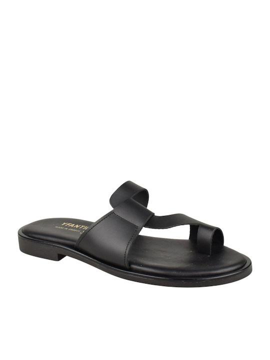 Yfantidis Leather Women's Flat Sandals Black