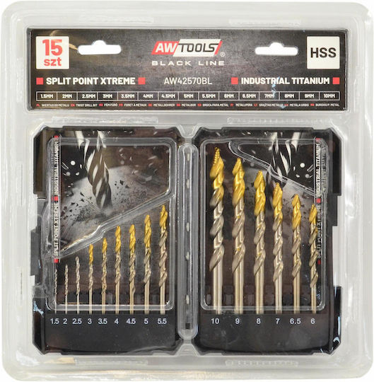 AWTools M2 Hss-tin Σετ 15 Τρυπάνια HSS Τιτανίου για Μέταλλο