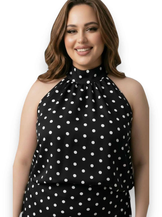 Women's Sleeveless Blouse with Tie at Neck Polka Dot Black with White Polka Dot