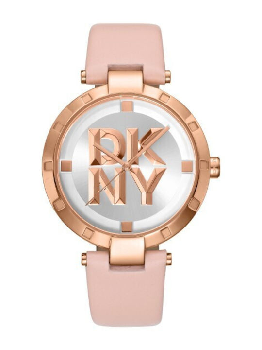 DKNY Essential Logo Γυναικείο Ρολόι Μπαταρίας με Ροζ Δερμάτινο Λουράκι