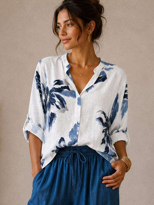 Women's Cotton Blouse with 3/4 Sleeve & V-Neckline Floral White