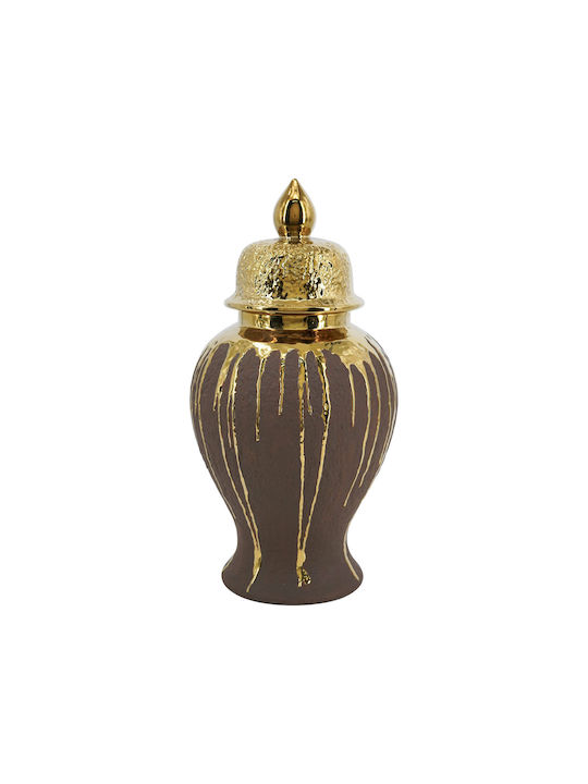 Artekko Candia Ceramic Vase With Lid Brown Gold 21.5x21.5x41.5 Cm