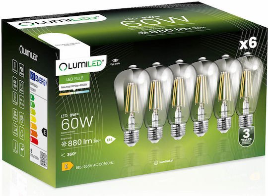 Lumiled LED Glühbirnen 8W für E27 Glühbirnensockel und Form ST64 Naturweiß 880lm 6 Stück