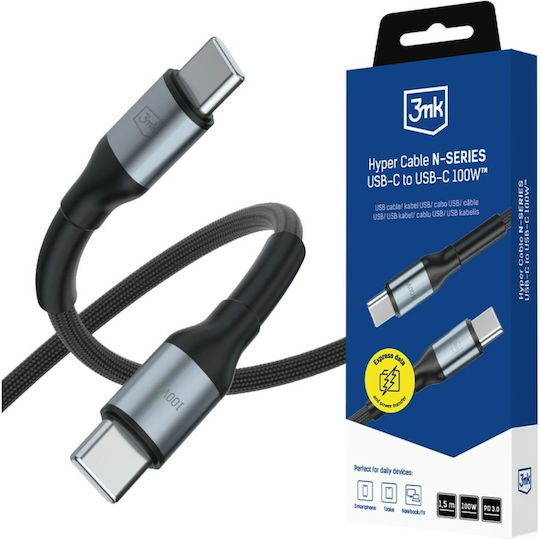 3MK Cablu Hyper USB 2.0 USB-C Masculin - USB-C 100W Negru 1.5m