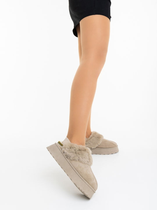 Winter Women's Slippers with Beige Fur