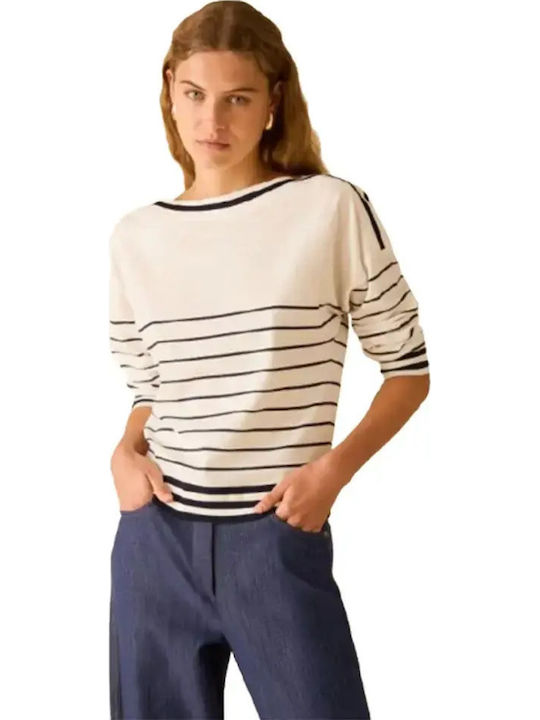 Γυναικείο Μακρυμάνικο Πουλόβερ Ριγέ Ivory Blue Pinstripes