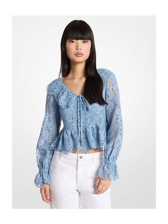 Women's Blouse with V-Neckline Floral Light Blue